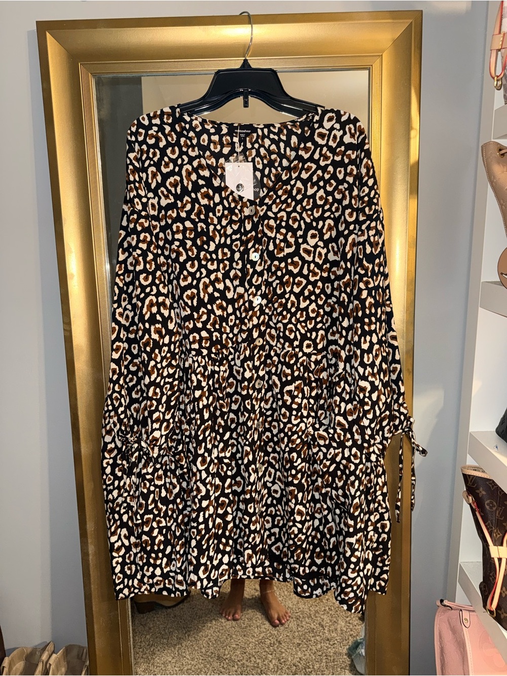 mittoshop Leopard Print A-Line Tiered Dress - Black, Brown & Cream